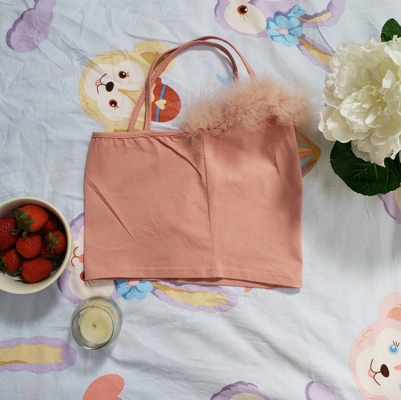 Dusty Pink Feather Trim Cropped Camisole - size small - Picture 2 of 5